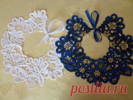 Воротники-жабо &quot;Лето&quot; кружевные, сплетены на коклюшках. Нитки- хлопок ,цвет белый и сочетание синего,чёрного.