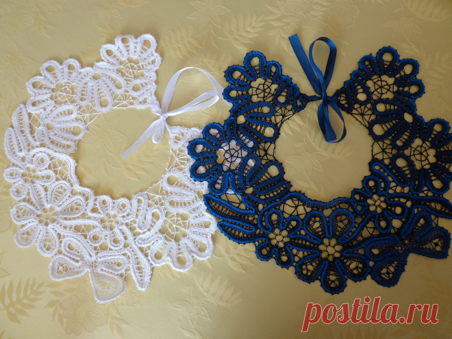 Воротники-жабо "Лето" кружевные, сплетены на коклюшках. Нитки- хлопок ,цвет белый и сочетание синего,чёрного.