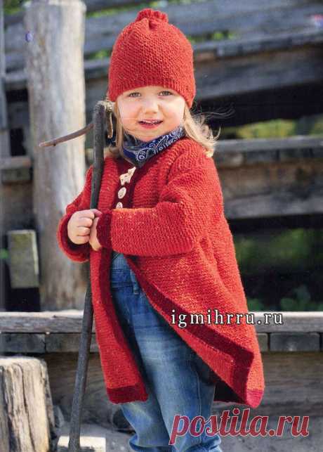 Теплое пальто и шапочка в красно-оранжевых тонах для девочки 1-6 лет. Вязание спицами