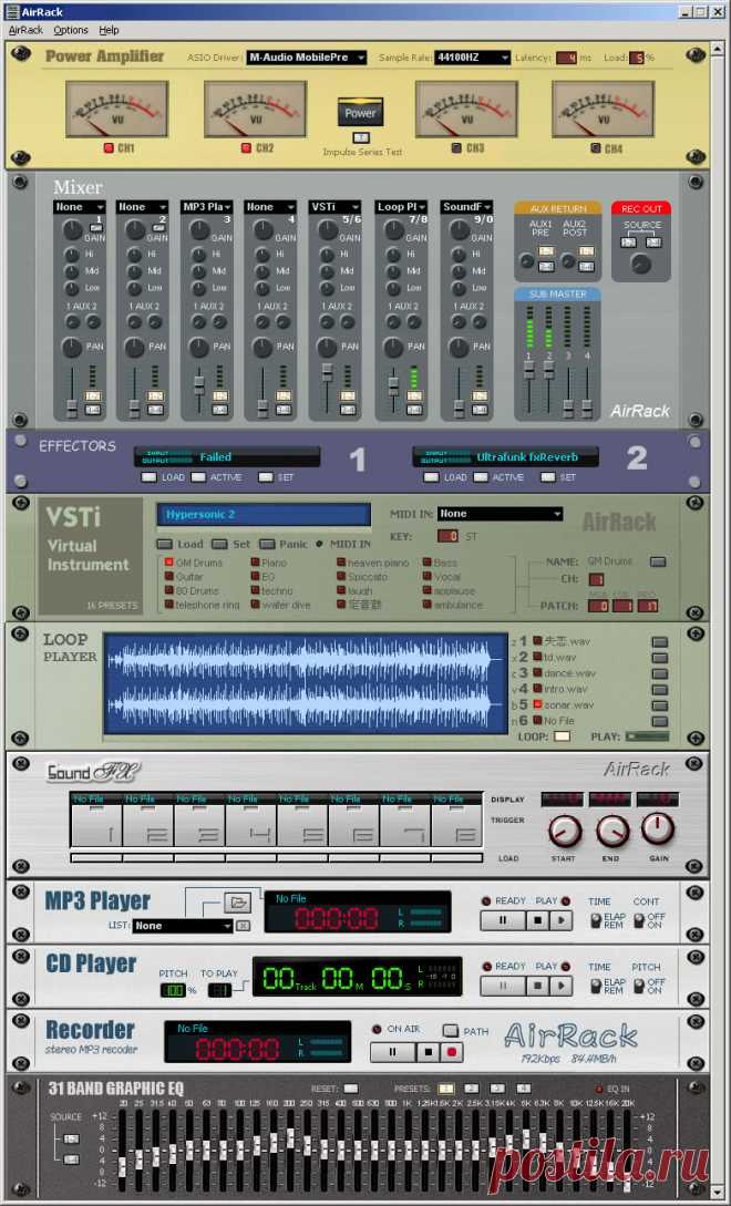 AirRack by Maizesoft -  Virtual Studio  AirRack by Maizesoft (@KVRAudio Product Listing): AirRack is a live environment for those who make sound effects for TV program and other live performance. AirRack provide you the following racks: Amplifier: the component to connect with the audio interface. Mixer: route other devices to the amplifier. Effects: dual effects which load VST effect plug-ins. VSTi: allow you to give real-time performance. MP3 player: play MP3 audio file. CD player: p...
