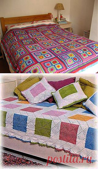 Вязаные крючком пледы и подушки из квадратных мотивов