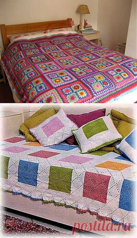 Вязаные крючком пледы и подушки из квадратных мотивов