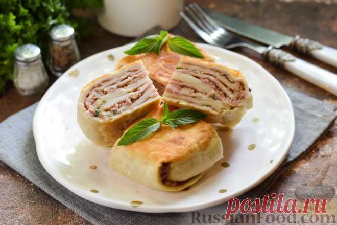 Рецепт: Многослойный бездрожжевой пирог с мясной начинкой (на сковороде) на RussianFood.com