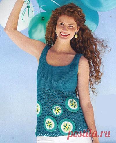 Топ с круглыми аппликациями, вышитыми цветами. Крючком. Схемы. Без перевода. / 1001uzor.com