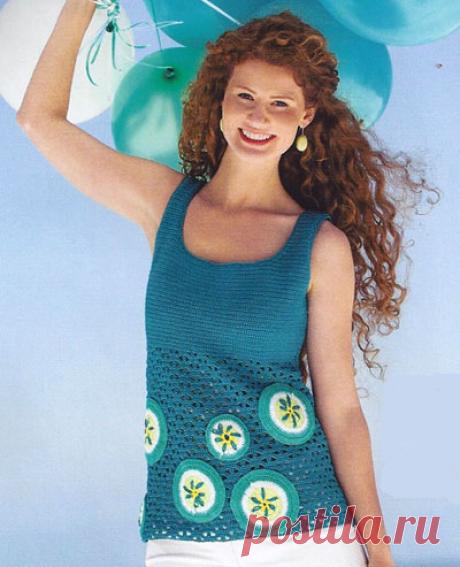 Топ с круглыми аппликациями, вышитыми цветами. Крючком. Схемы. Без перевода. / 1001uzor.com