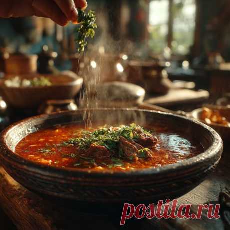 Настоящий суп Харчо — по всем правилам!
Ингредиенты:
Говяжья грудинка — 300 г
Рис — 80–100 г
Рубленные томаты — 400 г
Лук — 1,5 шт
Свежий томат — 1 шт
Сельдерей (черешок) — 2 шт
Аджика — 1 ст. л.
Чеснок — 6 зубчиков
Чили перец — 1 шт
Чабрец — щепотка
Уцхо-сунели — 1 ч. л.
Барбарис — 1 ч. л.Укроп, кинза, зелень сельдерея
Масло растительное и сливочное Соль — по вкусу