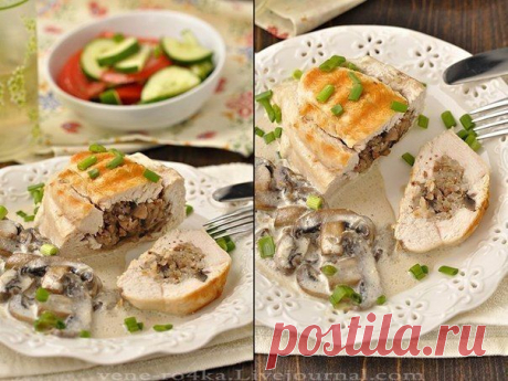 Как приготовить куриные грудки фаршированные гречкой и шампиньонами, тушенные в сливочно-грибном соусе - рецепт, ингридиенты и фотографии