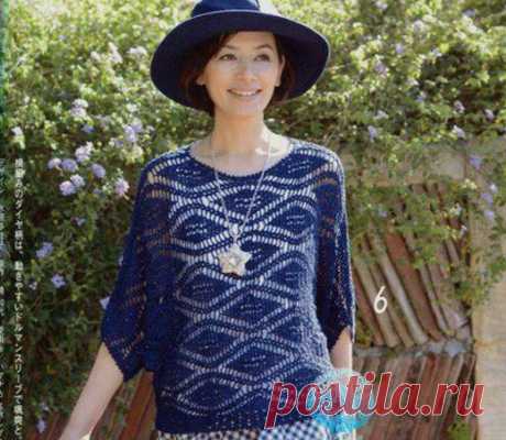 Синий джемпер ажурными ромбами. Схема