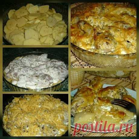 Картошка с куриными ножками в духовке

Ставьте ➕ в комментариях, если понравился рецепт.

Ингредиенты: -6 куриных ножек; -1 кг картофеля; -250 г сметаны; -соль, сухие травы, перец - по вкусу; -2 зубчика чеснока; -300 г сыра. 
Приготовление:

Куриные ножки солим, перчим, посыпаем сухими травами, добавляем чеснок, пропущенный через пресс, и сметану. Перемешиваем и оставляем минут на 30. 
Очищенный картофель режем достаточно тонкими кружками, солим, перчим, выкладываем в жаро...