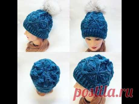 Шапка крючком с простым интересным двухслойным узором.Crochet cap