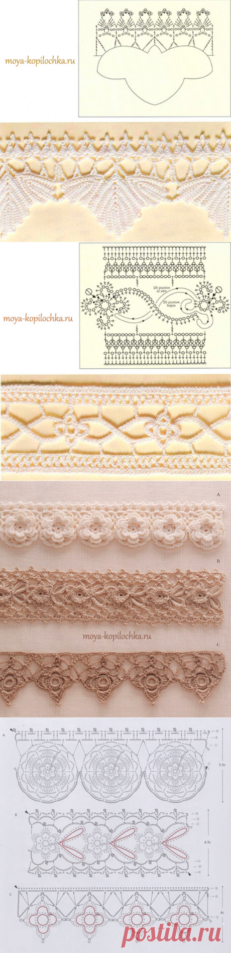42 ОБРАЗЦА ВЯЗАНОГО КРУЖЕВА ДЛЯ ОТДЕЛКИ КРАЯ ИЗДЕЛИЯ СО СХЕМАМИ