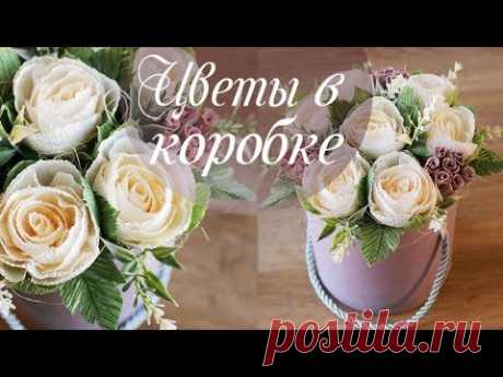 Букет в шляпной коробке. Цветы из бумаги в коробке. Собираем букет роз в коробочке.
