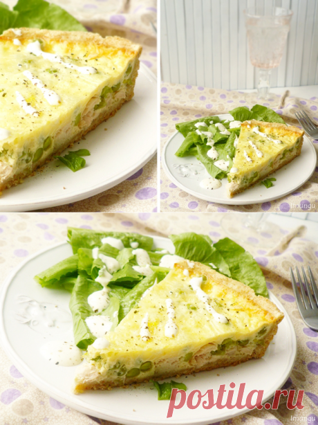 Киш с куриной грудкой и горошком.
