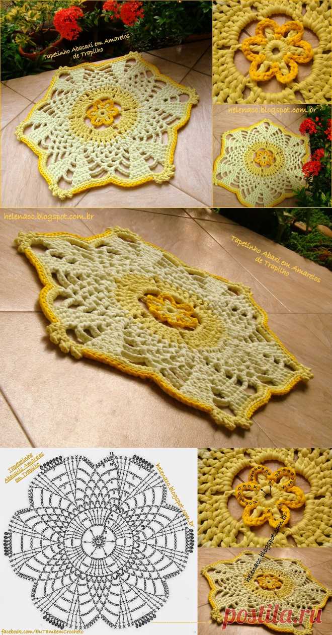EU TAMBÉM CROCHETO...: Tapetinho Abacaxi em Amarelos de Trapilho