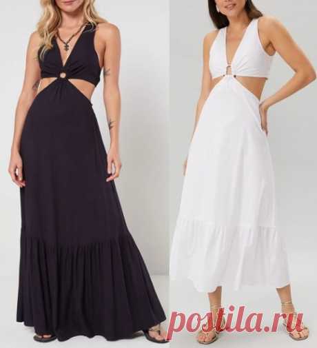 Vestido longo com argola e babado Esquema de modelagem de vestido longo com argola e babado do tamanho 36 ao 56.