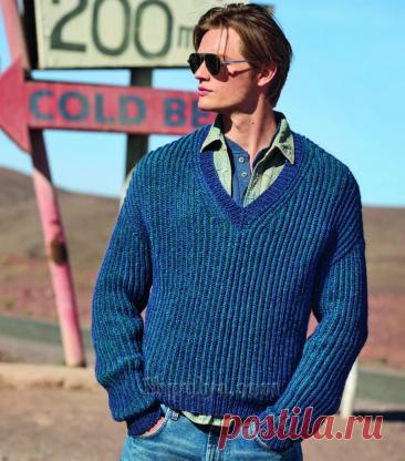 Вязаный пуловер с V-образным вырезом и патентным узором для мужчины — Shpulya.com - схемы с описанием для вязания спицами и крючком