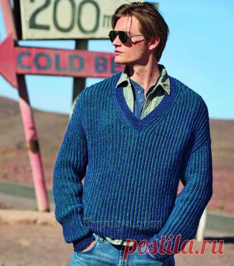 Вязаный пуловер с V-образным вырезом и патентным узором для мужчины — Shpulya.com - схемы с описанием для вязания спицами и крючком