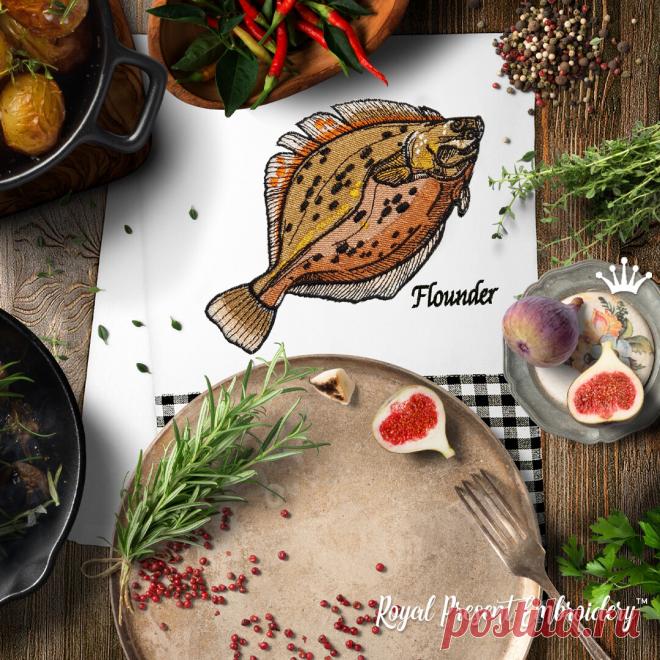 Камбала Дизайн машинной вышивки - 5 размеров