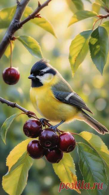 a small bird perched on top of a tree branch with berries hanging from it's branches