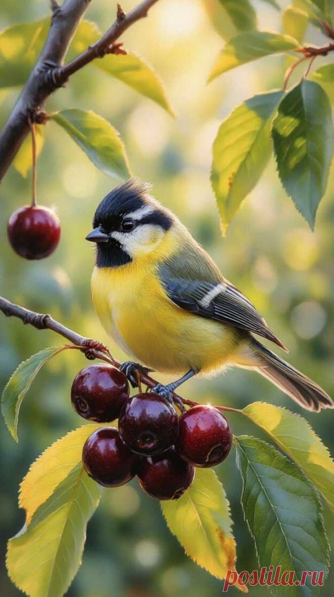 a small bird perched on top of a tree branch with berries hanging from it's branches