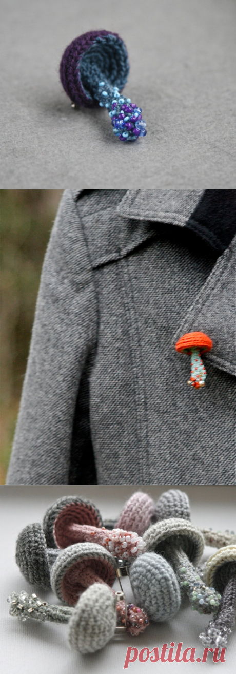 Beaded mushroom crochet brooch blue pin whimsical jewelry