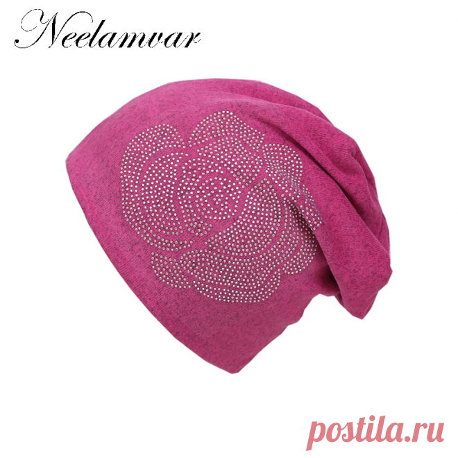 Neelamvar Осень Зима шапочки шляпа Женская Skullies Повседневная шапка цветок со стразами узор шляпы однотонные Cap 2018 купить на AliExpress