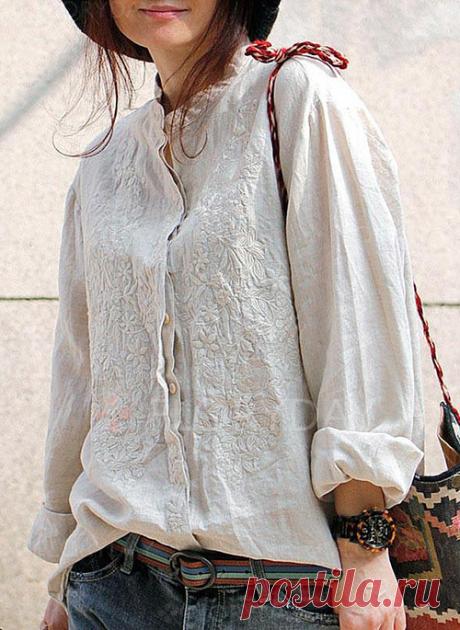 Floryday - Цветочный принт вскользь Хлопок Лен шею Длинные рукава Pубашки (1645153194)