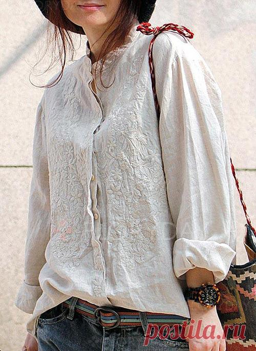 Floryday - Цветочный принт вскользь Хлопок Лен шею Длинные рукава Pубашки (1645153194)