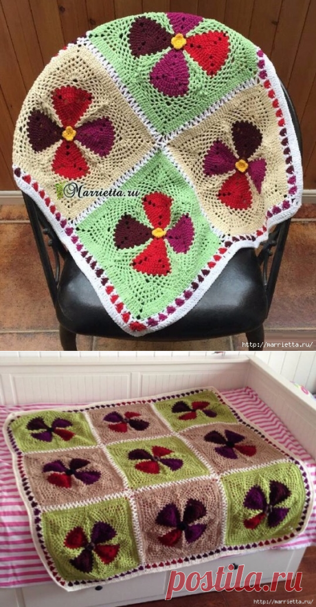 Цветочный плед крючком из треугольных мотивов