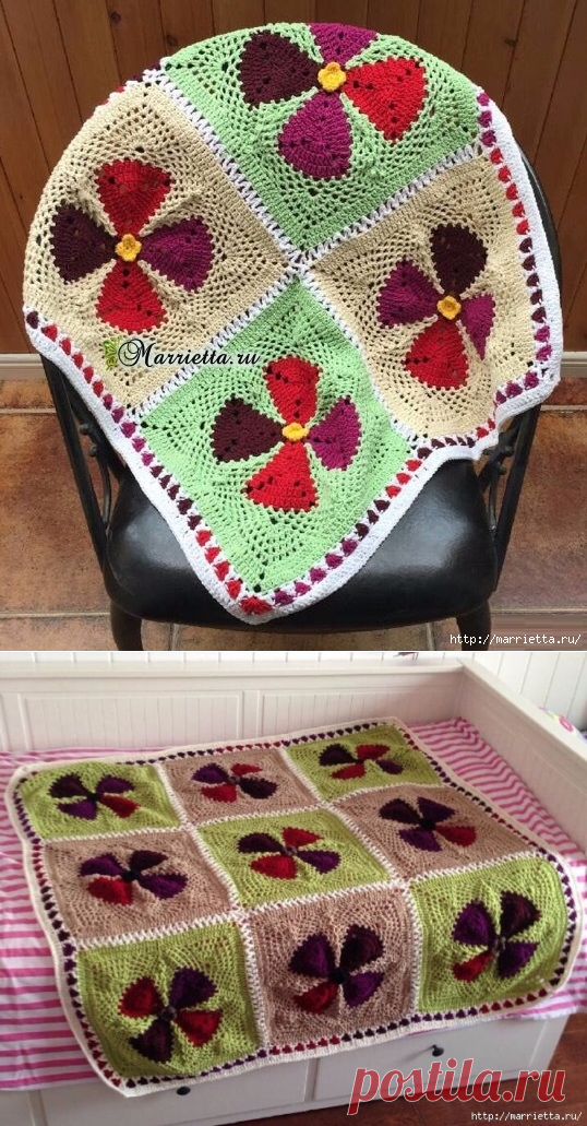 Цветочный плед крючком из треугольных мотивов