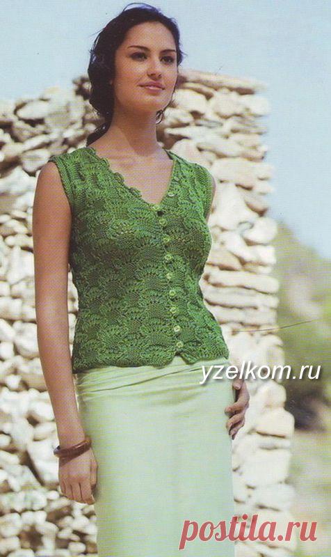 Кофточка летняя без рукавов  волнистый ажурный спицами Топ с воротником стойка Кофточка вязаная из японских журналов Туника ажурная летняя Топ жгутами Кофточка без рукавов спицами Топ сарафан Топ с оборкой Топ с ажурными бретелями
