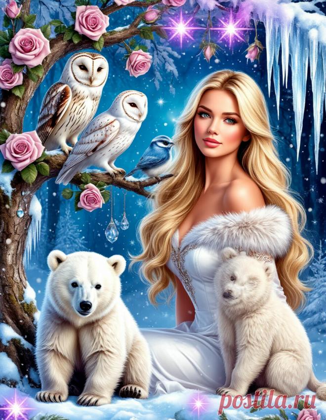Женщина с длинными светлыми волосами , одетая в белое платье с меховой отделкой. На ее плече сидит сова. Слева от женщины находится украшенное розами дерево, на ветке которого сидит маленькая голубая птичка На переднем плане изображены два белых медвежонка, один из которых сидит, а другой стоит на задних лапах. Фон выполнен в холодных ...