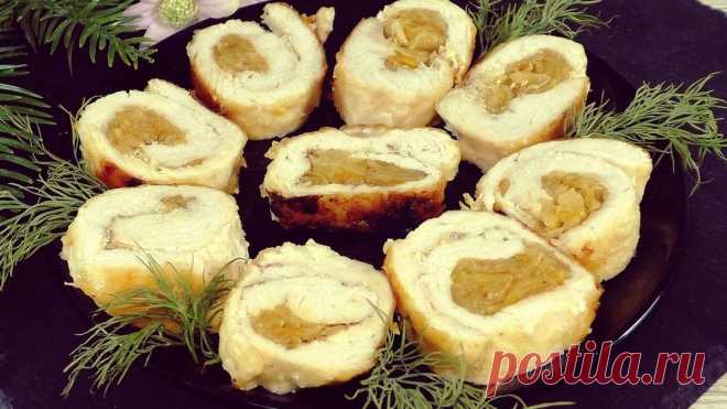 Как приготовить закуску из куриной грудки и тушёной капусты: закручиваю капусту в мясо и на сковороду Закуска из квашеной капусты и куриной грудки.