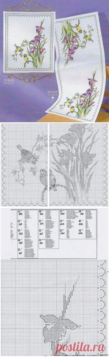 Ирисы с синичками / Вышивка крестом / В рукоделии