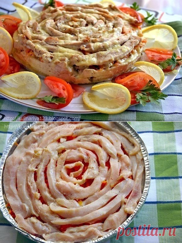 Мясной пирог "Чайная роза"

Ингредиенты:
Куриная грудка — 2 шт.
Лук репчатый — 1 шт.
Грибы маринованные — 1 банка
Морковь отварная — 3 шт.
Сливки 22% — 3–4 ст. л.
Масло оливковое — 3–4 ст. л.
Специи для мяса (соль, черный перец, мускатный орех) — по вкусу
Сок 1 лимона
Твердый сыр — 150 г