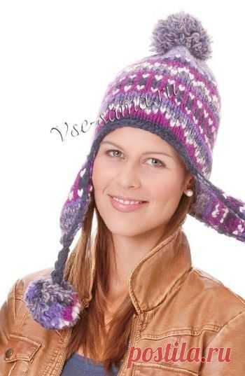 Шапка спицами с помпоном и наушниками - Шапки, шарфы, косынки, шляпки спицами