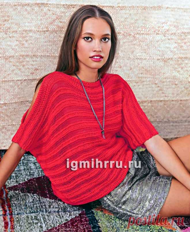Летний джемпер с полосами из спущенных петель. Спицами. / igmihrru.ru