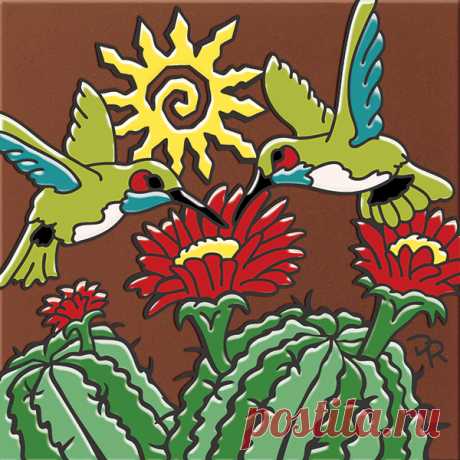 6x6 Hummingbirds with Barrel Cactus Decorative Art Tile Naturals - Hand N Hand Designs
