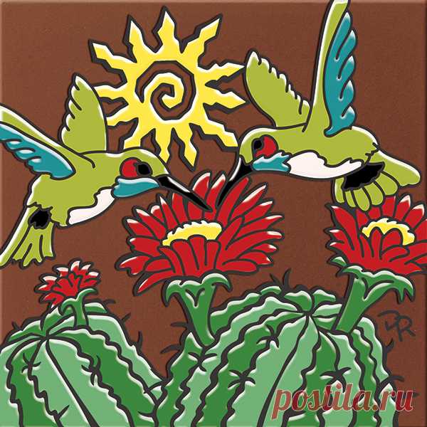 6x6 Hummingbirds with Barrel Cactus Decorative Art Tile Naturals - Hand N Hand Designs