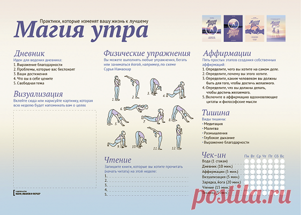 В помощь — планинг «Магия утра». В нем — подсказки, как выполнять этапы Чудесного утра (так Элрод назвал свой метод), а также чек-лист на неделю, чтобы не забыть ни один из элементов.