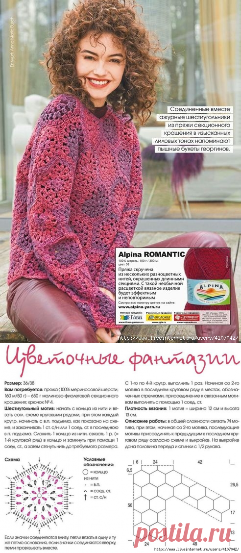 ДЖЕМПЕР АЖУРНЫМИ МОТИВАМИ ИЗ СЕКЦИОННОЙ ПРЯЖИ "ЦВЕТОЧНЫЕ ФАНТАЗИИ". КРЮЧОК
