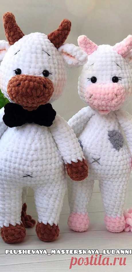 PDF Коровка Милка и бычок Борька крючком. FREE crochet pattern; Аmigurumi animal patterns. Амигуруми схемы и описания на русском. Вязаные игрушки и поделки своими руками #amimore - корова, коровка, телёнок, плюшевый бык, бычок из плюшевой пряжи.