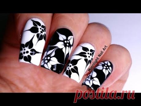 DRAG MARBLE BLACK &amp; WHITE FLOWERS NAIL ART TUTORIAL - YouTube