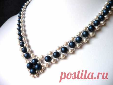 Pearl and Midnight Blue Beaded Jewelry Necklace, Bridal Jewelry Necklace, V…