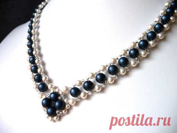 Pearl and Midnight Blue Beaded Jewelry Necklace, Bridal Jewelry Necklace, V…