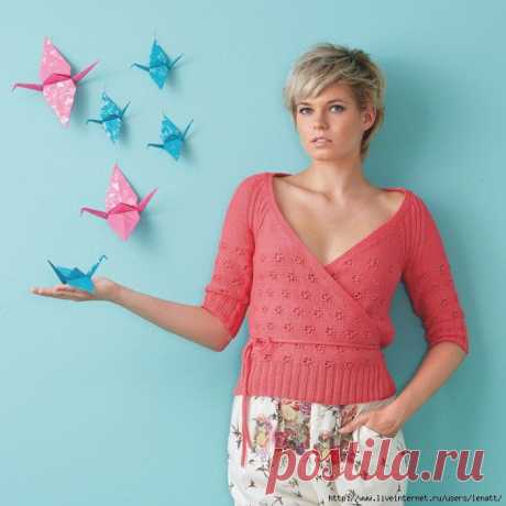 Спицы.Розовая кофта с запахом