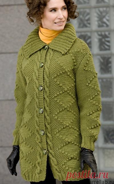 Зеленый жакет спицами. Теплый жакет узором ромб |