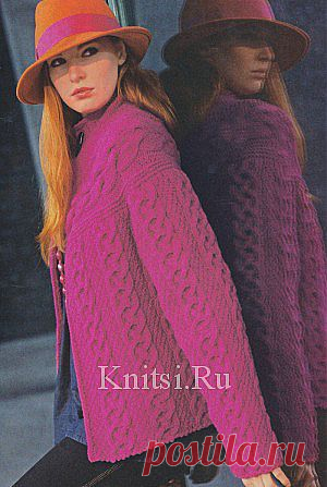 Ярко-розовый жакет с круглой кокеткой. Вязание для женщин / Жакеты / Спицами