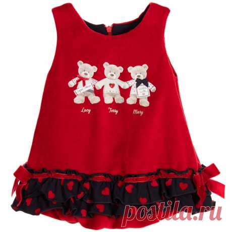 Lapin House - Red Cotton Velvet Bears Dress | Childrensalon