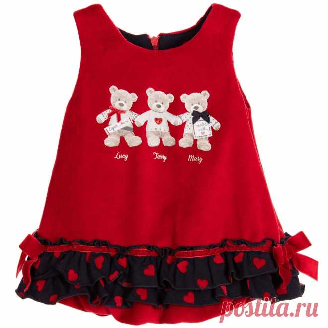 Lapin House - Red Cotton Velvet Bears Dress | Childrensalon